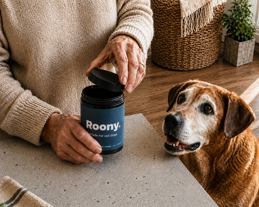 Senior dog next to Roony jar